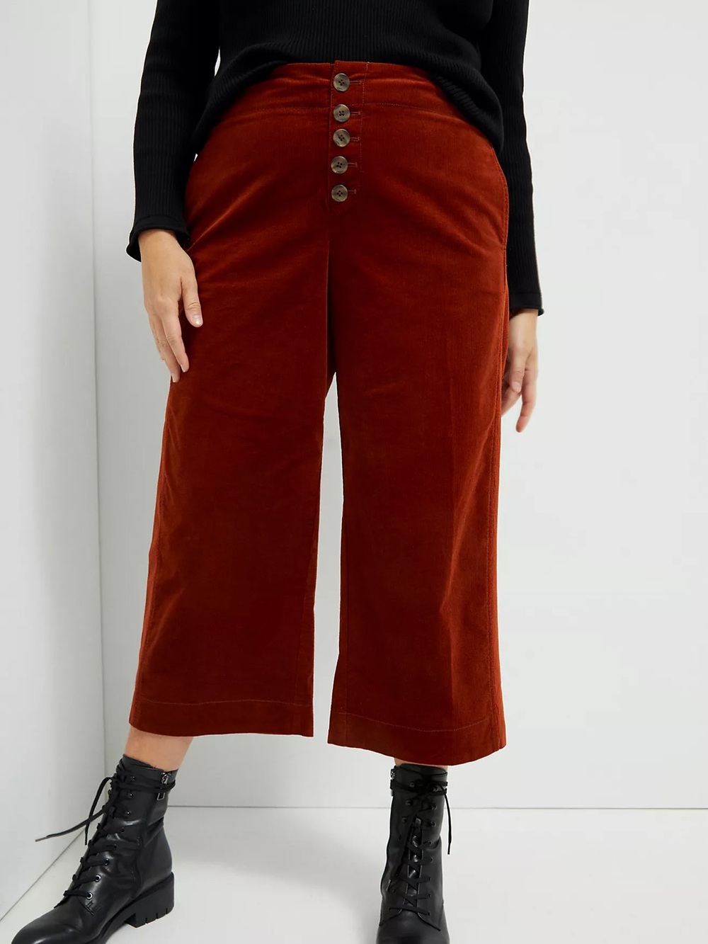 Anthropologie Harrison Wide-Leg Corduroy Pants Size 14 Rust Button Fly Cropped